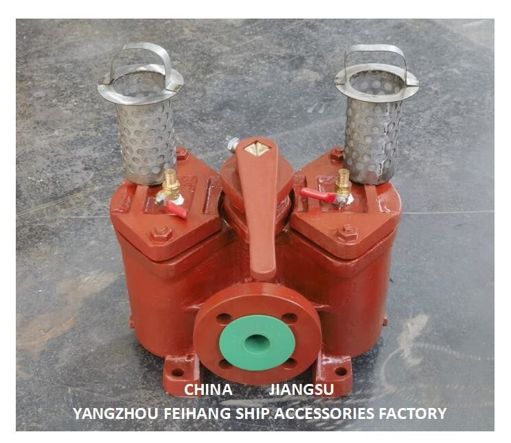 Marine duplex olie strainers maat Dn25, lichaam gietijzer filter roestvrij staal. 60 mesh.