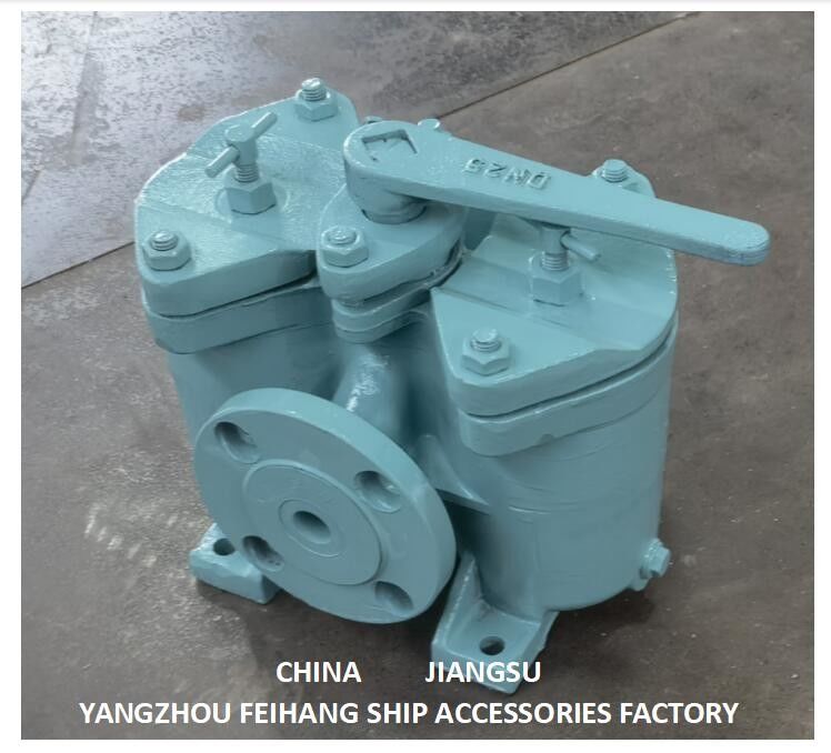 Marine duplex olie strainers maat Dn25, lichaam gietijzer filter roestvrij staal. 60 mesh.