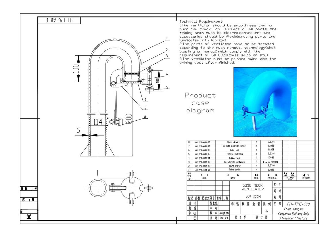 Ventilatie van de ganshals op het dek van de schepen met een diameter van 100 mm, rond type, met klapklep (de ganshals moet gesloten zijn)