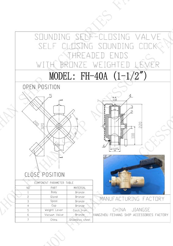 Technische parameter voor bronzen zelfvergrendelende kleppen model FH40 CB/T3778-1999