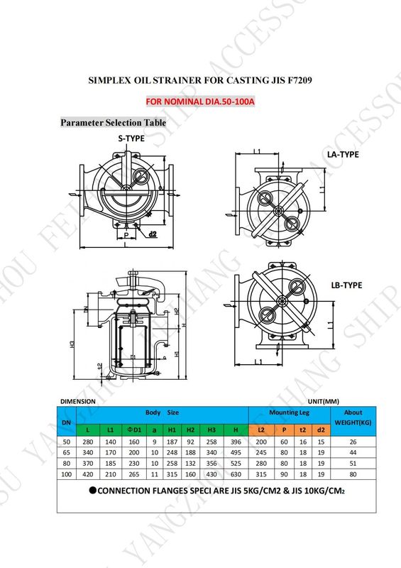 Technische gegevens voor JIS F7209 Simplex-olijstramen en enkelvoudige oliebakfilter - gietijzer en filter - roestvrij staal