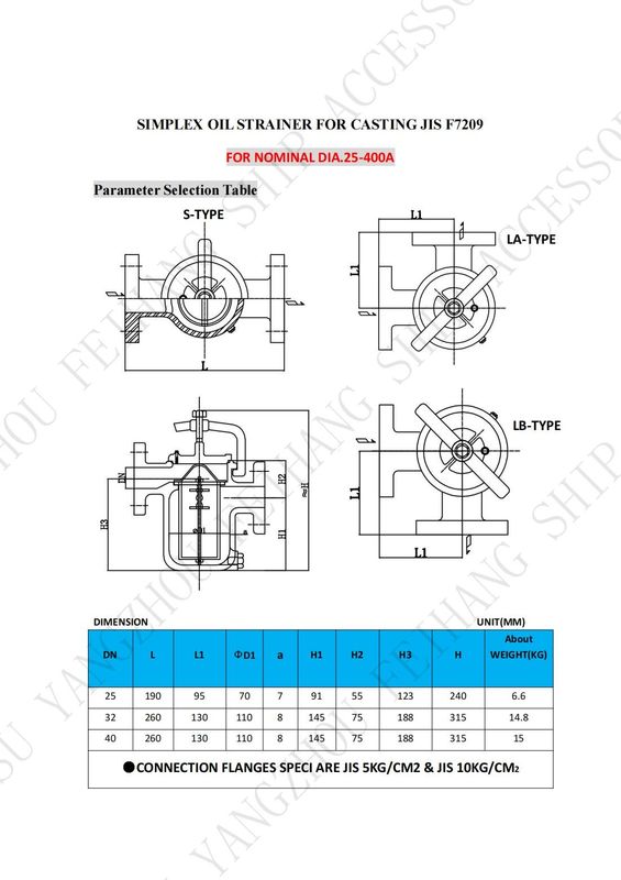 Technische gegevens voor JIS F7209 Simplex-olijstramen en enkelvoudige oliebakfilter - gietijzer en filter - roestvrij staal